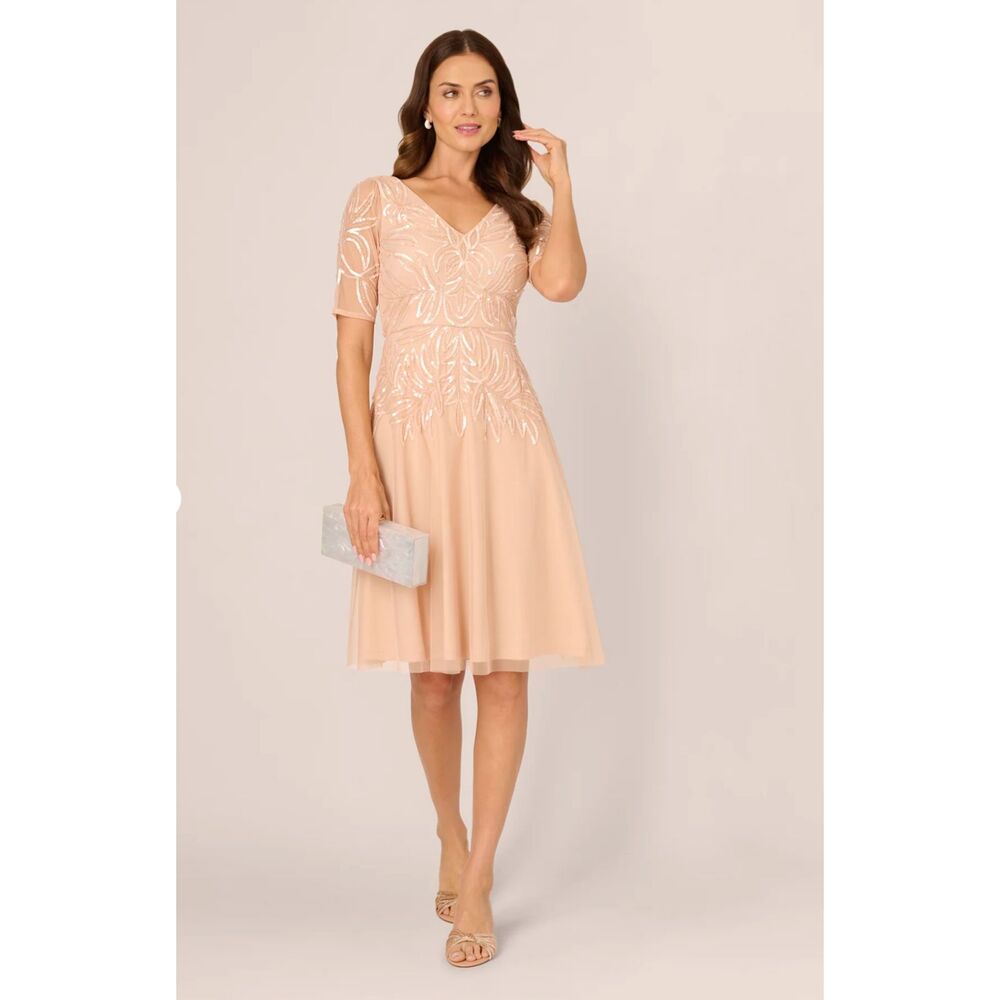 Adrianna Papell Short Sleeve Sequin Bead Midi Dress In Blush Size 14